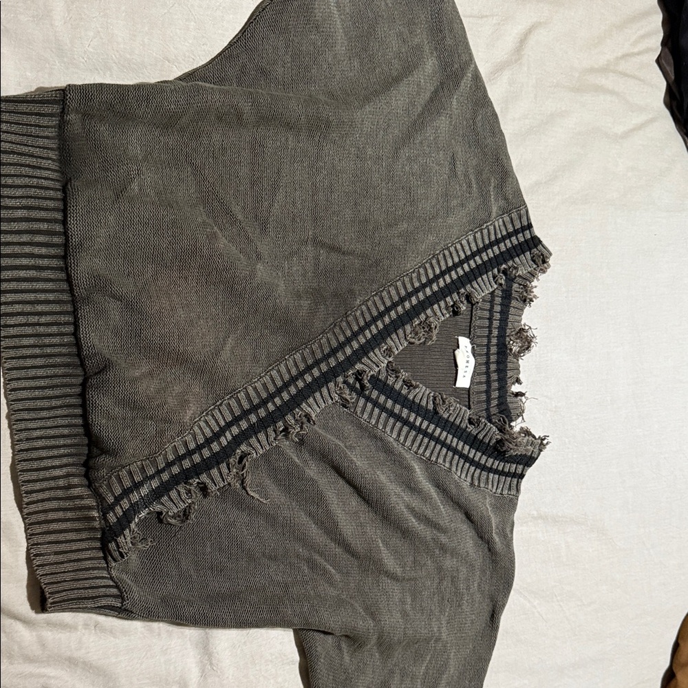 Distressed V-Neck Sweater in Charcoal Gray